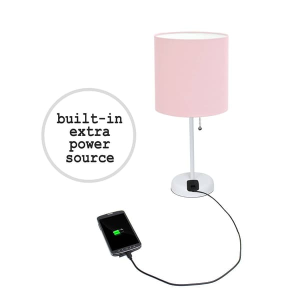 LimeLights White Stick Lamp w/Charging Outlet/Pink Shade-Set of 2