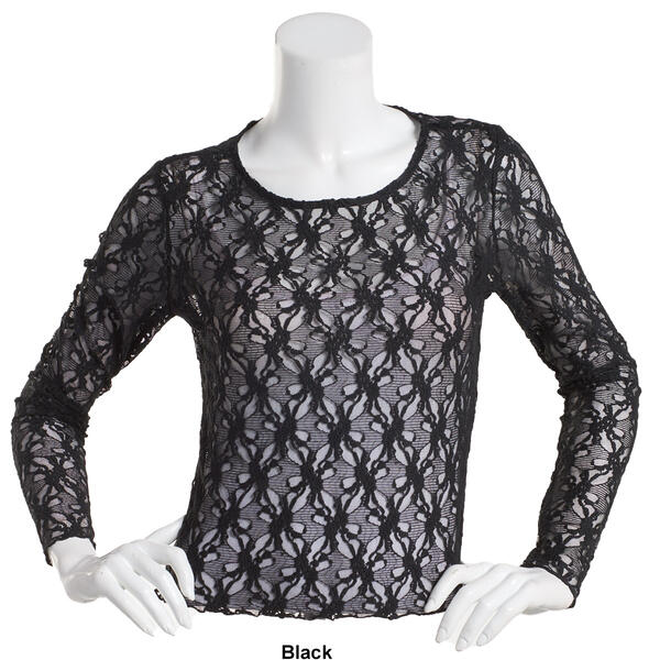 Juniors No Comment Floral Long Sleeve Lace Tee