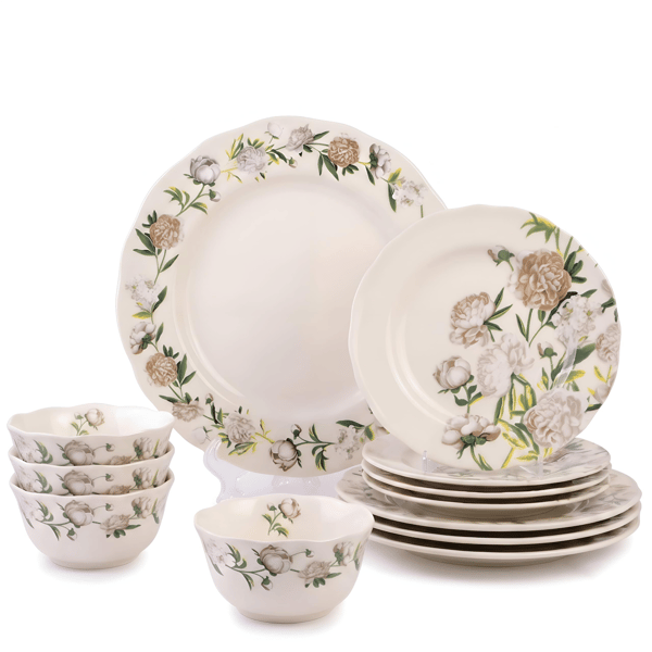 222 Fifth Luxe Peony Neutral Porcelain 12pc. Dinnerware Set