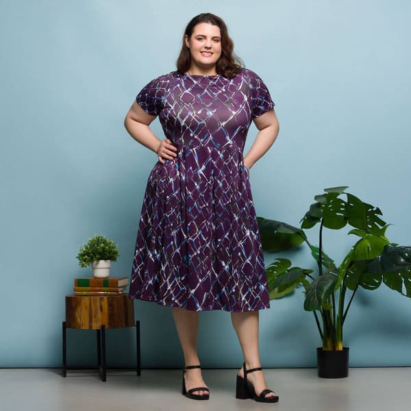 Plus Size 24/7 Comfort Apparel Purple Flare Midi Pocket Dress