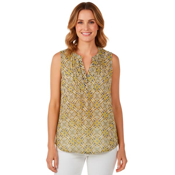 Womens Notations Sleeveless Abstract Knit Pleat Split Neck Blouse