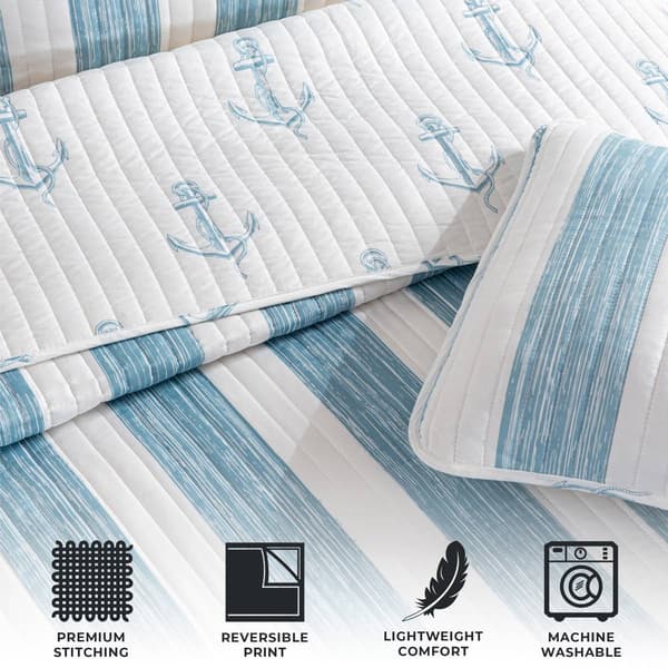 FreshFolds 3pc. Striped Anchor Coastal Bedspread Quilt Set