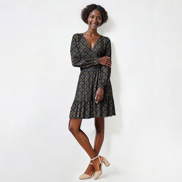 スーツ・フォーマル・ドレス le.ema flower design sleeve dress Womens Emma & Michele Long Sleeve Floral V-Neck A-Line Dress