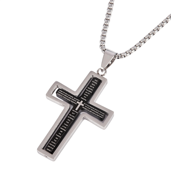 Mens Iron Saints Our Father Prayer Silver & Black Cross Necklace - image 