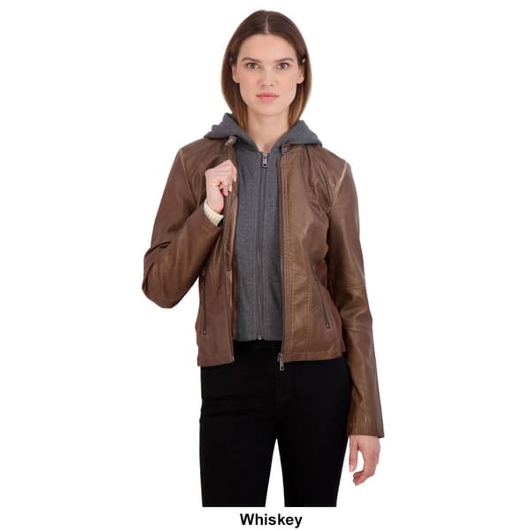 Womens Sebby Faux Leather Scuba w/Fleece Hoodie Jacket