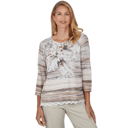 Petites Alfred Dunner Sunset Ridge Lace Hem Texture Floral Top