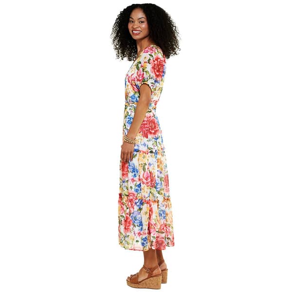 Womens Absolutely Famous Short Sleeve Floral Tier Midi Dress