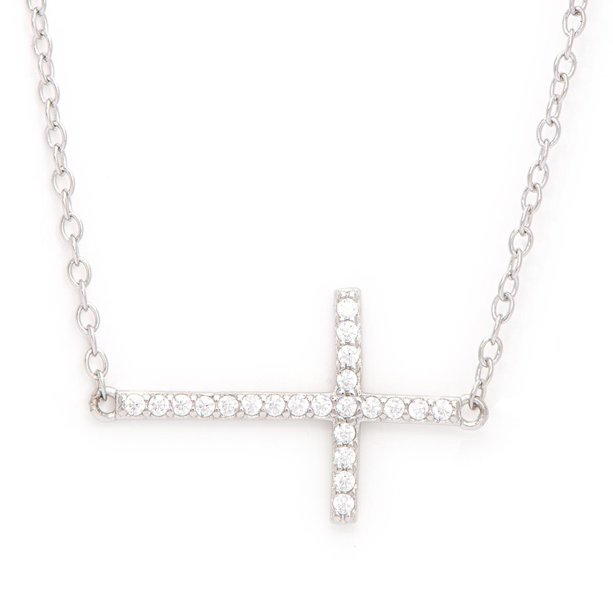 Sterling Silver Cubic Zirconia Sideways Cross Pendant