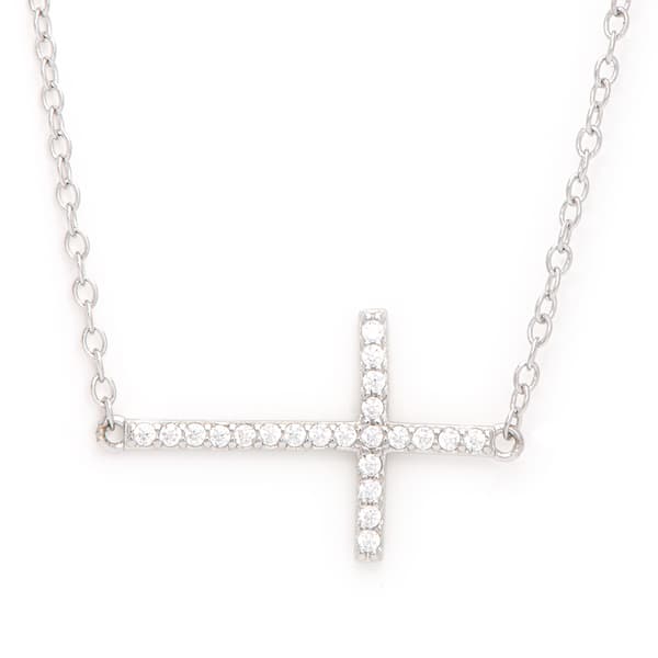 Sterling Silver Cubic Zirconia Sideways Cross Pendant - image 