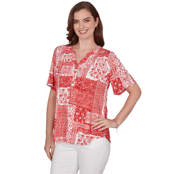 Womens Ruby Rd. French Riviera Elbow Sleeve Patchwork Henley Tee