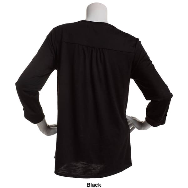 Womens Kasper Solid 3/4 Tab Sleeve V-Neck Henley Tee