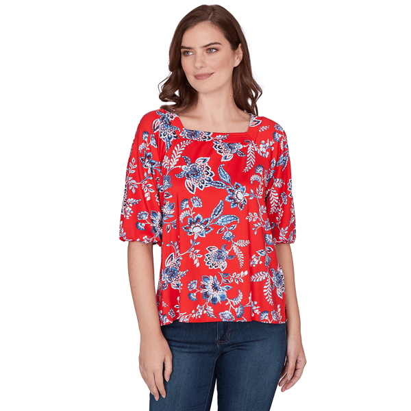 Petite Ruby Rd. French Riviera Square Neck Floral Blouse - image 