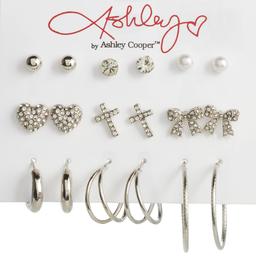 Ashley Silver Plated 9pr. Pave Heart/Cross & Bows Earrings
