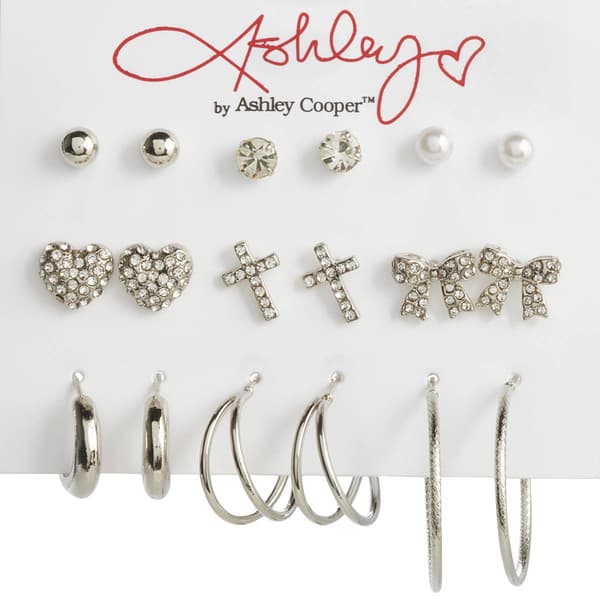 Ashley Silver Plated 9pr. Pave Heart/Cross & Bows Earrings - image 