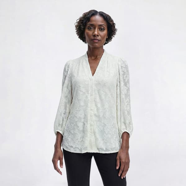 Womens Kasper Long Sleeve V Neck Abstract Burnout Blouse - image 