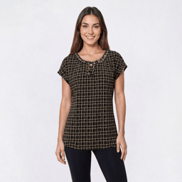 Womens Notations Short Sleeve Grommet Keyhole Geometric Bouse