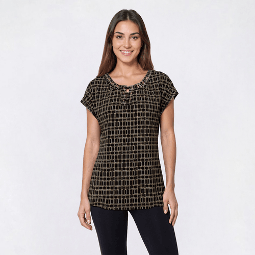 Womens Notations Short Sleeve Grommet Keyhole Geometric Bouse