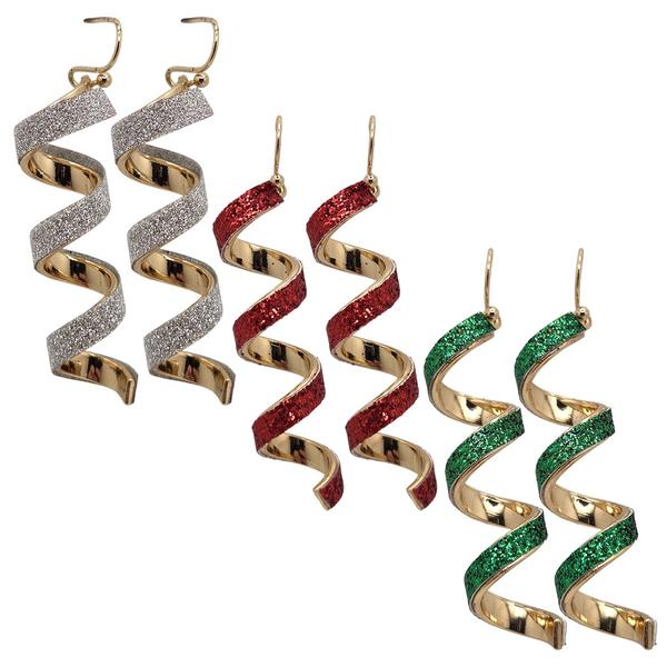 3pc. Spiral Red/Green Glitter Earrings - image 
