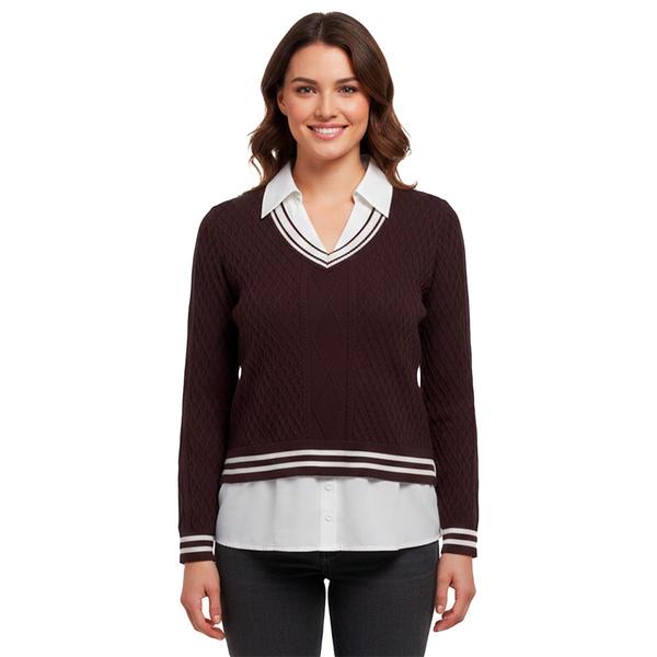Womens Adrianna Papell Long Sleeve Solid Two In One V-Neck Blouse - image 