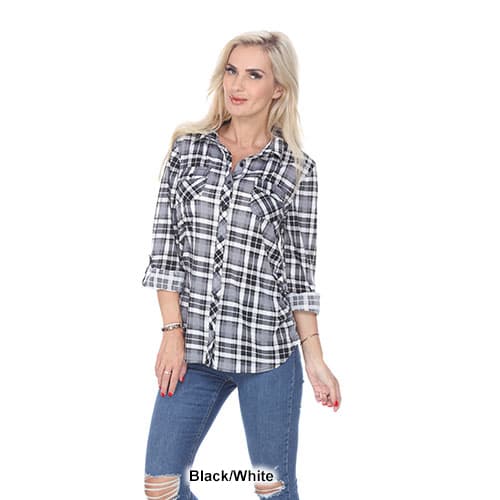 Womens White Mark Oakley Stretch Plaid Casual Button Down Top