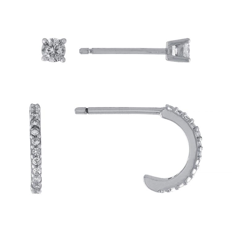 Athra Sterling Silver Cubic Zirconia Stud & Hoop Earring Set