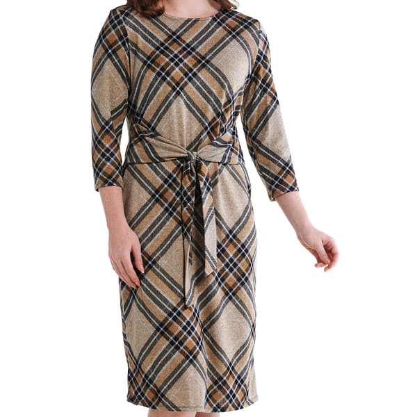Womens Chetta B 3/4 Sleeve Tie Waist Plaid Hacci Shift Dress
