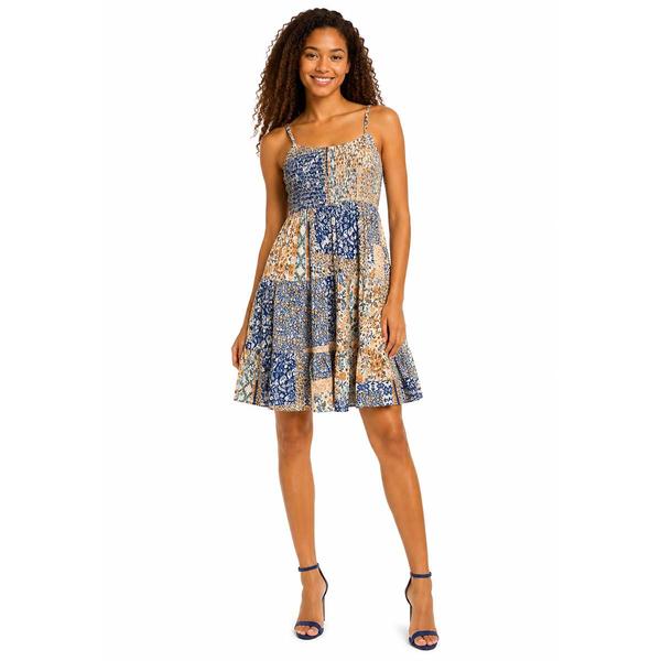 Juniors Angie Smock Bodice Patchwork Print Skater Dress - image 