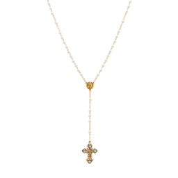 Symbols of Faith Gold Tone Crucifix Faux Pearl Beaded Rosary