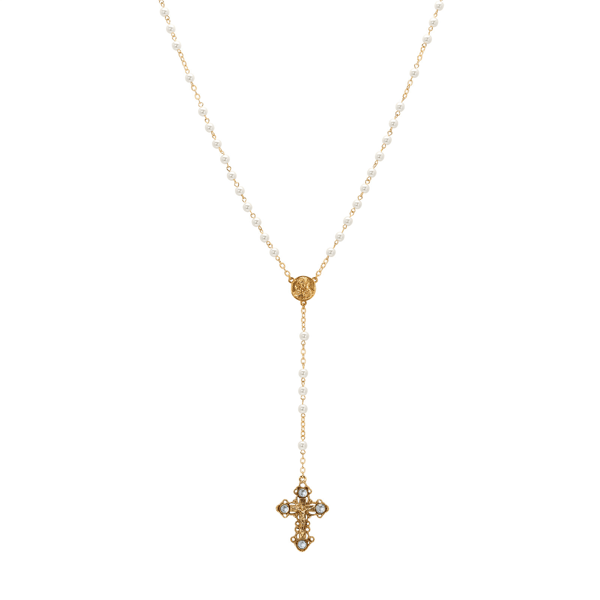 Symbols of Faith Gold-Tone Crucifix Faux Pearl Beaded Rosary - image 