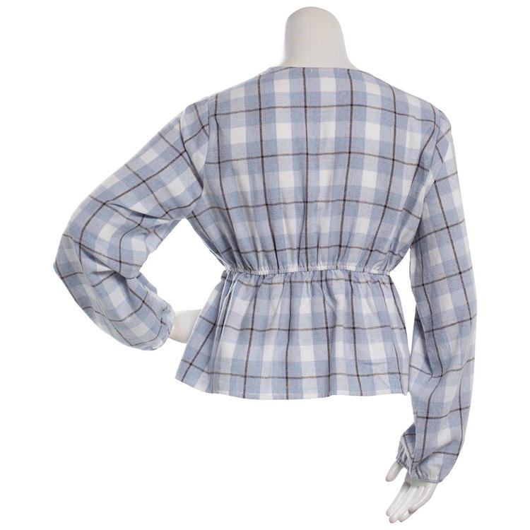 Juniors Plus No Comment Long Sleeve Plaid Surplice Babydoll Top