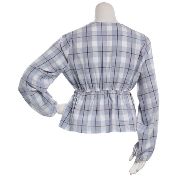 Juniors Plus No Comment Long Sleeve Plaid Surplice Babydoll Top