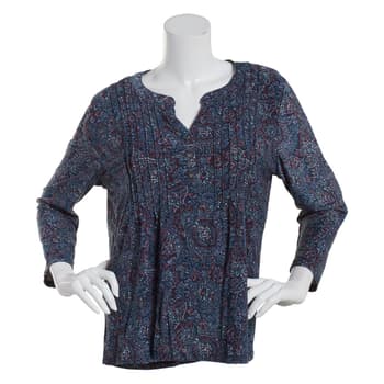 Petite Napa Valley 3/4 Sleeve Pleat Henley - Navy Paisley - Boscov's