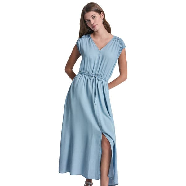 Womens DKNY Jeans Ruch Shoulder V Neck Midi Dress