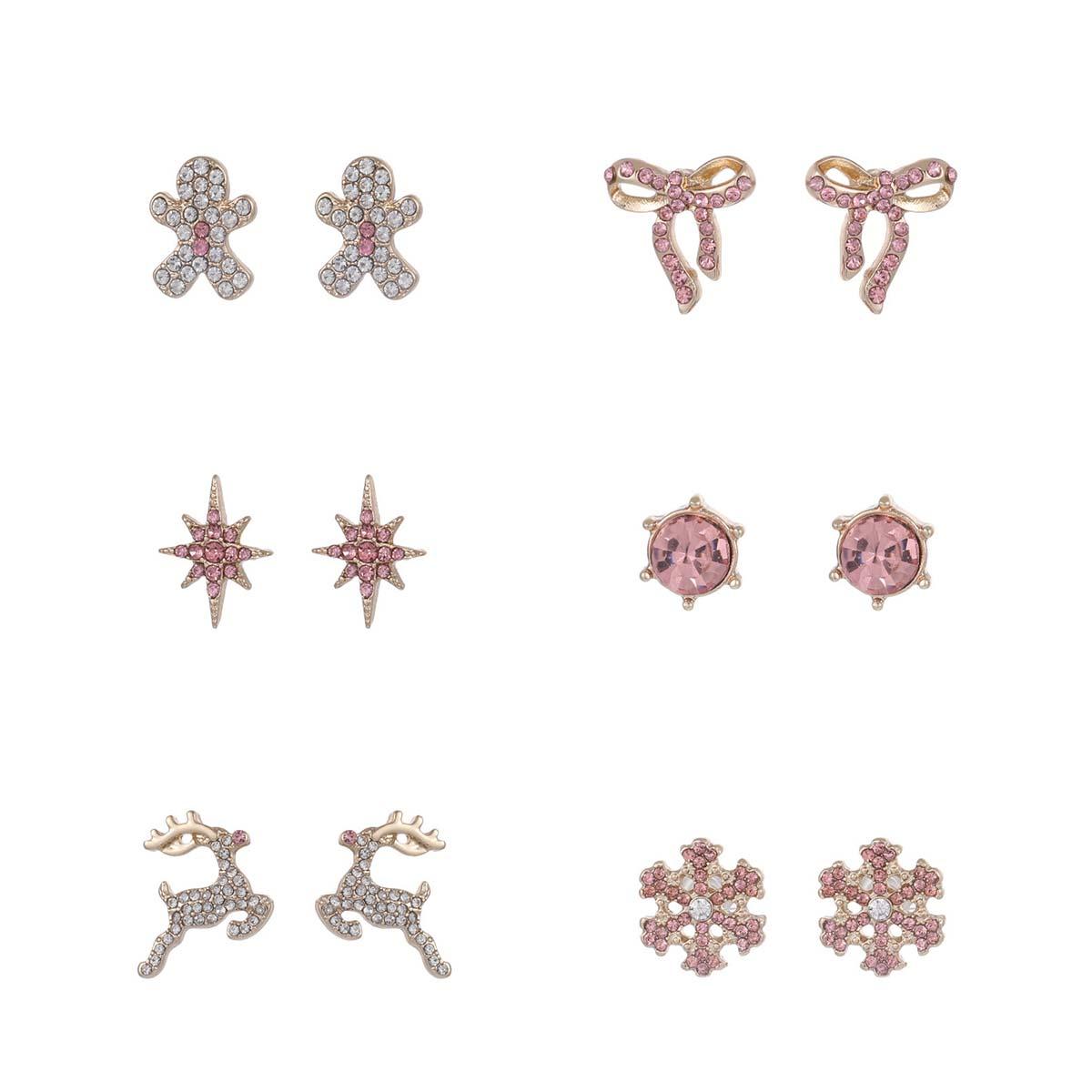 6pc. Gingerbread Man/Bow/Star/Crystal/Reindeer/Snowflake Earrings