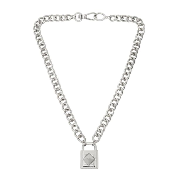 Steve Madden Silver Link Chain Necklace w/ Padlock Pendant - image 