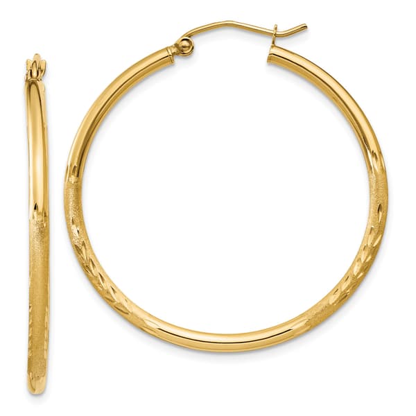 Gold Classics&#40;tm&#41; 14kt. Satin Diamond Cut 35mm Hoop Earrings - image 