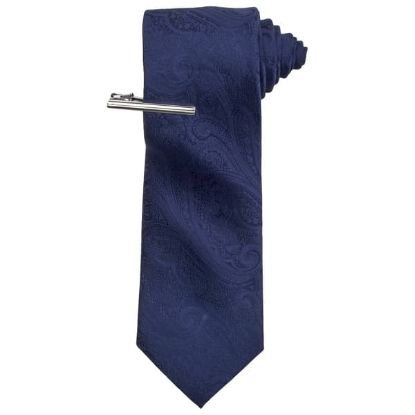 Mens Bill Blass Solid Paisley Tie & Tie Bar - image 