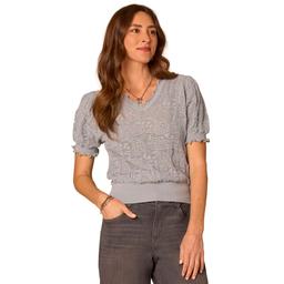 Womens Democracy Short Sleeve Scallop Edge Vee Neck Paisley Jacq