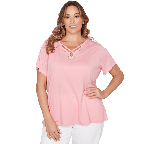 Plus Size Heart''s of Palm Bloom Service Solid Short Sleeve Top W - image 