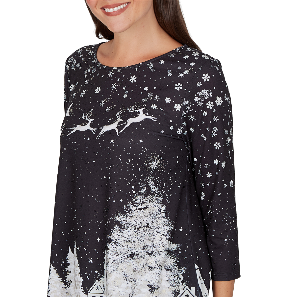 Womens Ruby Rd. Happy Holidays Santa''s Sleigh Scenic Tee