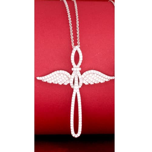 Splendere CZ Angel Wing & Cross Pendant Necklace