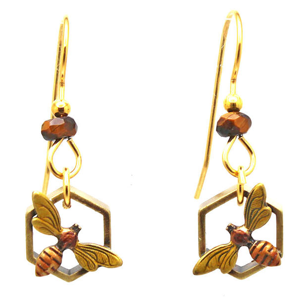 Silver Forest Gold-Tone Bee in Honeycomb Earrings - image 