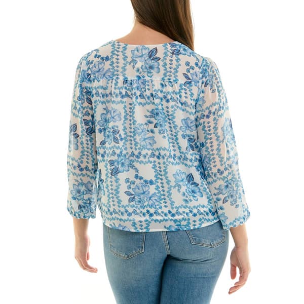 Womens Zac & Rachel 3/4 Sleeve Tie Neck Floral Chiffon Blouse