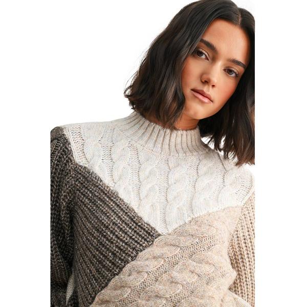 Womens CITY BLUES Long Sleeve Patchwork Cable Sweater