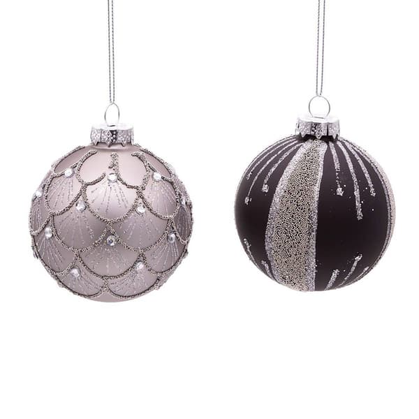 Kurt S. Adler 6pc Silver & Black Jeweled Glass Ball Ornaments Set
