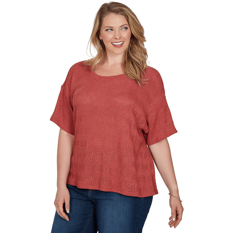 Plus Size Ruby Rd. Sedona Escape Elbow Sleeve Crochet Sweater