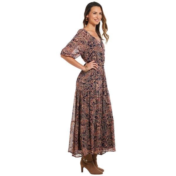 Robe Femme BeBop Longueur Genou - Col Arrondi, Manches 3/4 - Motif Paisley Bordeaux/bleu - Taille S - Occasion