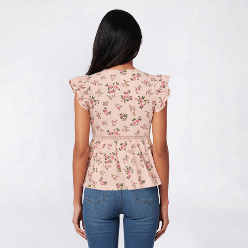 Juniors Self Esteem Flutter Sleeve V-Neck Lace Trim Top