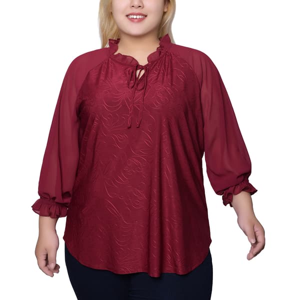 Plus Size NY Collection 3/4 Sleeve Scroll Embroidery Blouse - image 