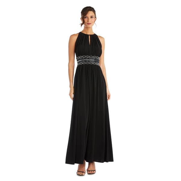 Petite R&M Richards Sleeveless Long Gown With Beaded Waist
